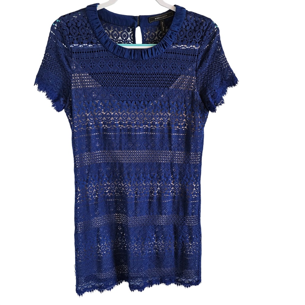 BCBGMAXAZRIA Darlita Lace Dress Deep Royal Blue Sheath Keyhole Back Size 4